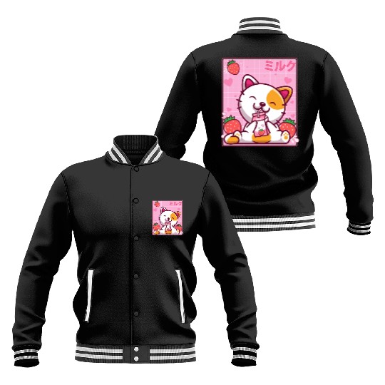 Kawaii Kitten Cute Cat Strawberry Milk Shake Baseball Jackets