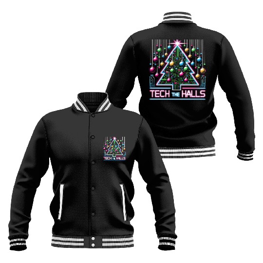 Tech the Halls - Christmas Tree in 8-bit Neon Baseball Jackets