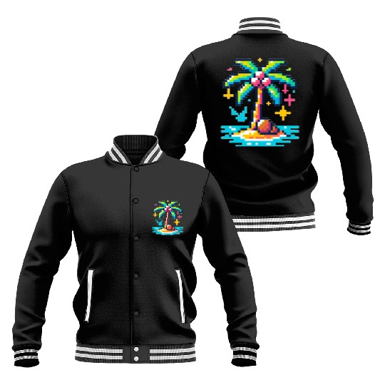 Digital Beach Getaway: Pixel Palm Paradise Baseball Jackets