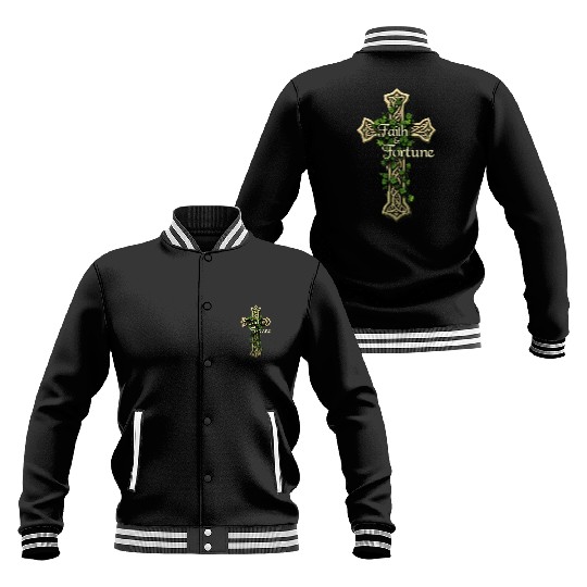 Celtic Cross Faith & Fortune Shamrock Design Baseball Jackets