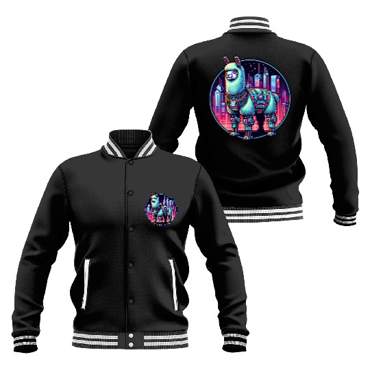Futuristic Cyberpunk Llama in Neon Cityscape Baseball Jackets
