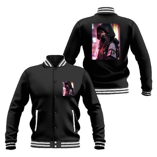 Cyberpunk Hooded Girl with Neon Accents Baseball Jackets