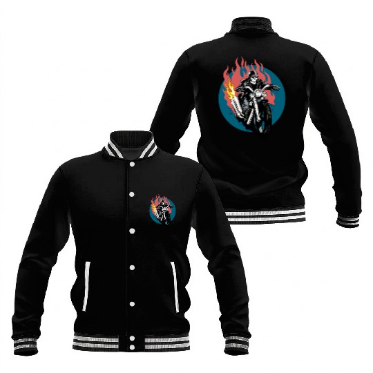 Skull Rider on Flaming Motorcycle Baseball Jackets