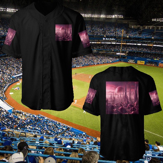 Futuristic Alien Skyline in Pink Hues Baseball Jerseys