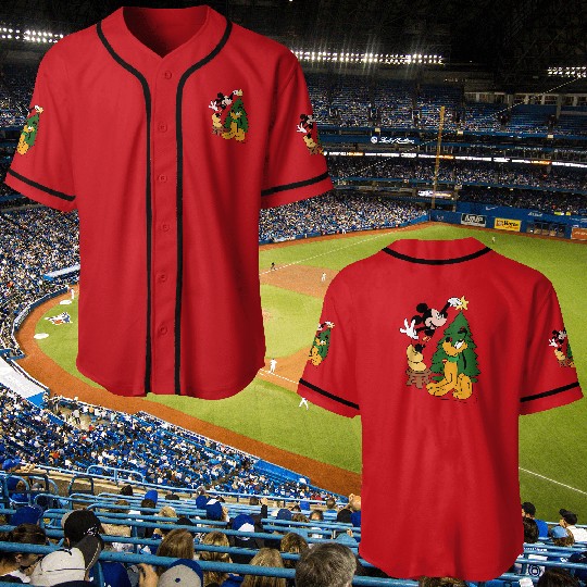 Mickey Mouse And Pluto Christmas Tree Baseball Jerseys,Christmas Disney Baseball Jerseys,Pluto Baseball Jerseys,Mickey Mouse Baseball Jerseys