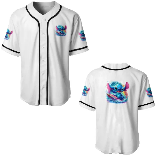 Surfing Stitch Baseball Jerseys , Lilo and Stitch, Stitch Baseball Jerseys, Colorful Disney Baseball Jerseys