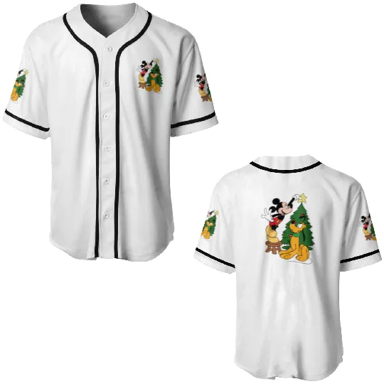 Mickey Mouse And Pluto Christmas Tree Baseball Jerseys,Christmas Disney Baseball Jerseys,Pluto Baseball Jerseys,Mickey Mouse Baseball Jerseys