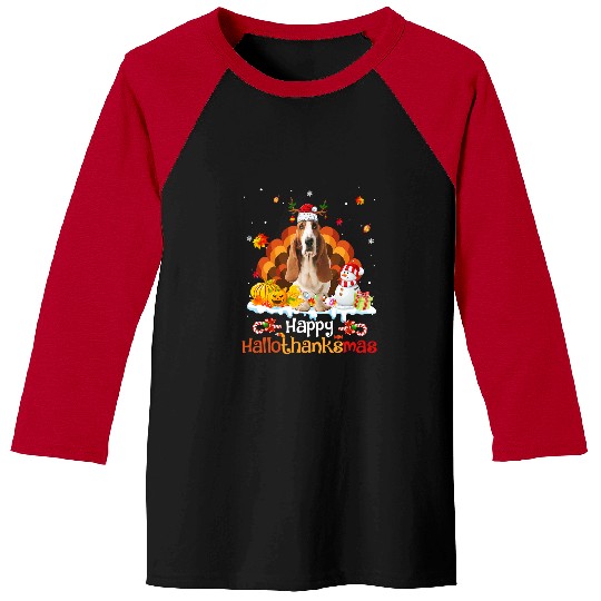 Dog Basset Hound HalloThanksMas Halloween Thanksgiving Christmas Basset Hound 520 Baseball Tees