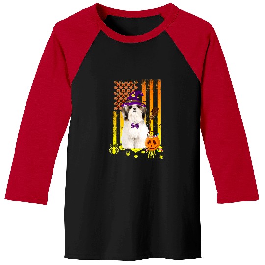 Dog Shih Tzu Pumpkin American Flag Halloween Dog 367 paw Baseball Tees