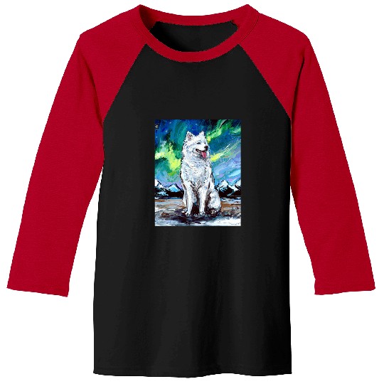 Dog Samoyed Northern Lights Winter Aurora Dog Art by Aja Baseball Tees