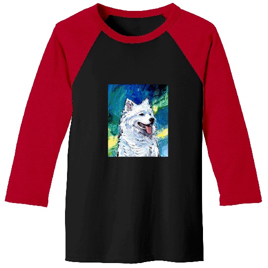 Dog Samoyed Portrait and Northern Lights Dog Aurora Art by Aja Baseball Tees