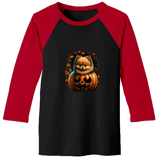 Dog Pomeranian Womens Pumpkin Pomeranian costume on Pomeranian Halloween VNeck Baseball Tees