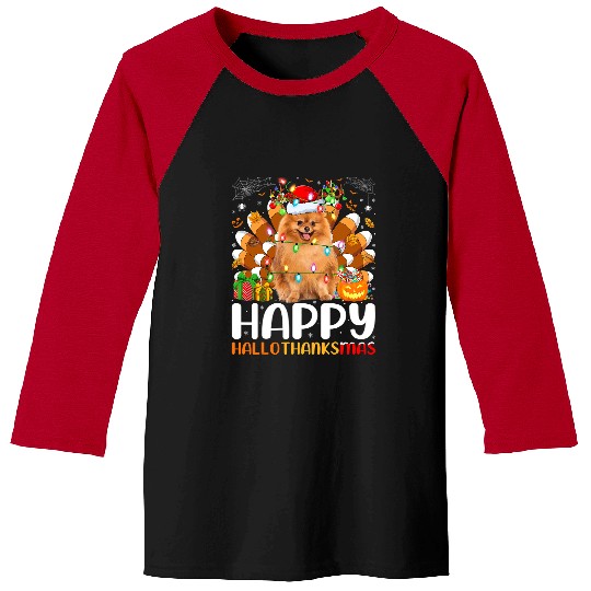 Dog Pomeranian Halloween Christmas Happy Hallothanksmas Baseball Tees