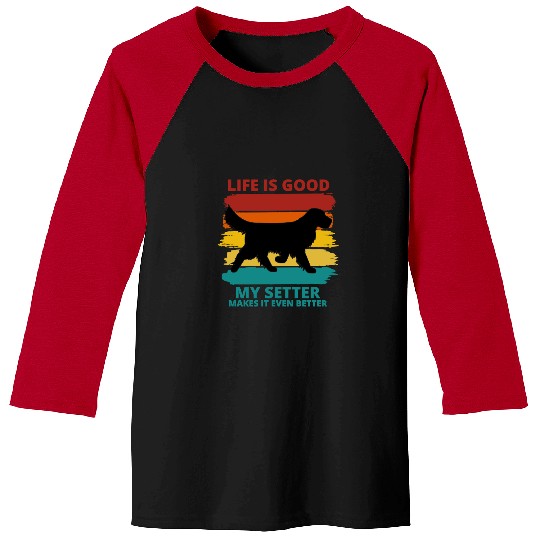 Dog Setter dog silhouette on retro brush strokes life is good paw Baseball Tees