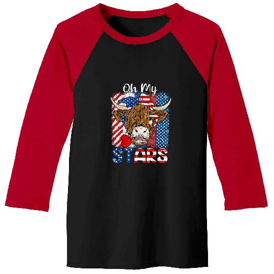 Cow Lover Womens Oh My Stars Cow Usa Flag With 4th Of July Patriotic 21 Baseball Tees