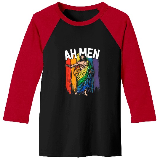 Christian Ah Men Funny LGBT Gay Pride Jesus Rainbow Christian Christ Baseball Tees