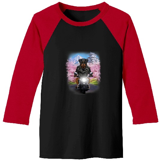 Dog Rottweiler on Motorcycle Tour Japanese Sakura Garden Baseball Tees