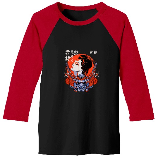 Aesthetic Kawaii Geisha with fearless Oni Samurai Warrior Baseball Tees