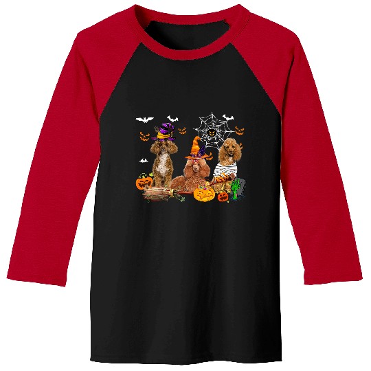 Poodles Three Poodle Dogs Witch Halloween Mummy Scary Pumpkins Kids Poodle dog Baseball Tees