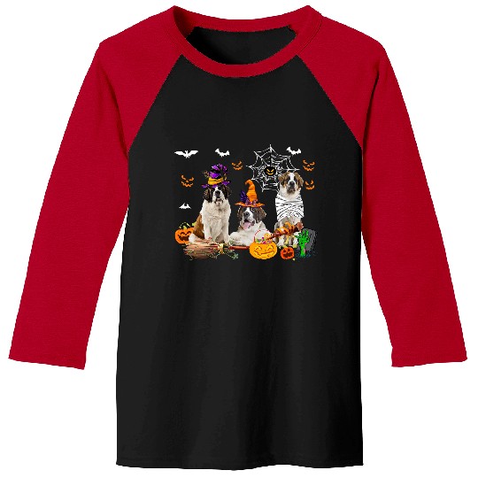 Three St Bernard Dogs Witch Halloween Mummy Scary Pumpkins Baseball Tees