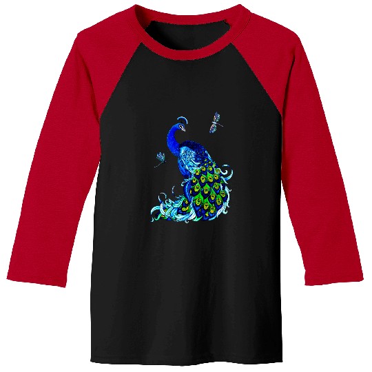 Blue Peacock and Dragonflies 2 Baseball Tees