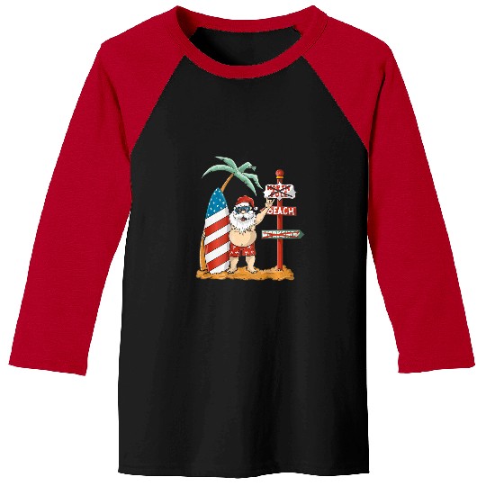 Surf Life Santa With USA Patriotic Surfboard Christmas in July Baseball Tees