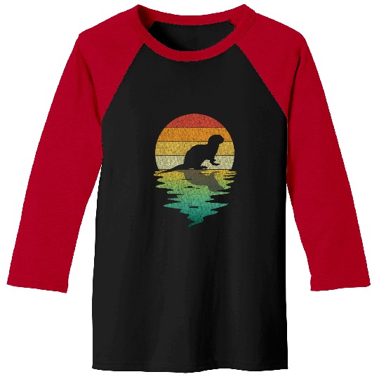 Otters River Otter Silhouette Sunset Retro vintages 70s Nature Lover Baseball Tees