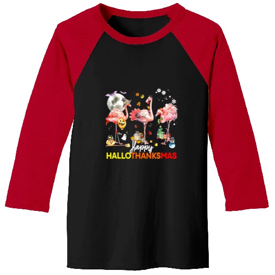 Pink Flamingo HalloThanksmas Halloween Thanksgiving Christmas Flamingos Baseball Tees