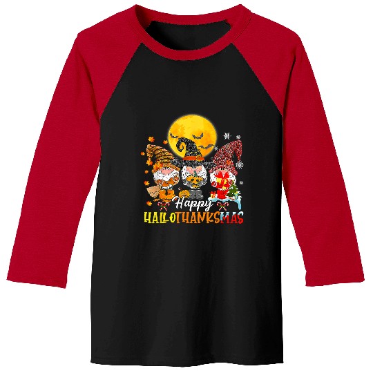 Gnomes Happy Hallothanksmas Halloween Thanksgiving Christmas 584 Baseball Tees