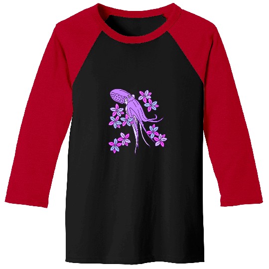 Octopuss Lover Exotic Flowers Illustration With Pretty Purple Wild Octopus Baseball Tees