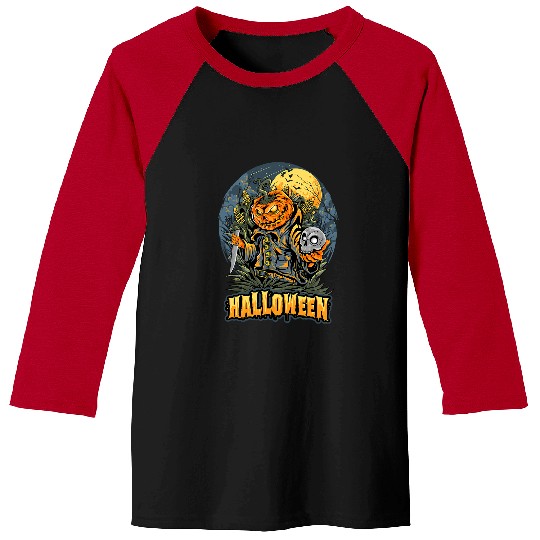 Skeletons Skulls Halloween scarecrow skull head and pumpkins 323 Skull Baseball Tees