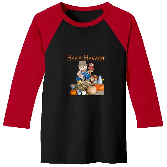 Happy Harvest Scarecrow Pumpkins Hay Autumn Art Baseball Tees