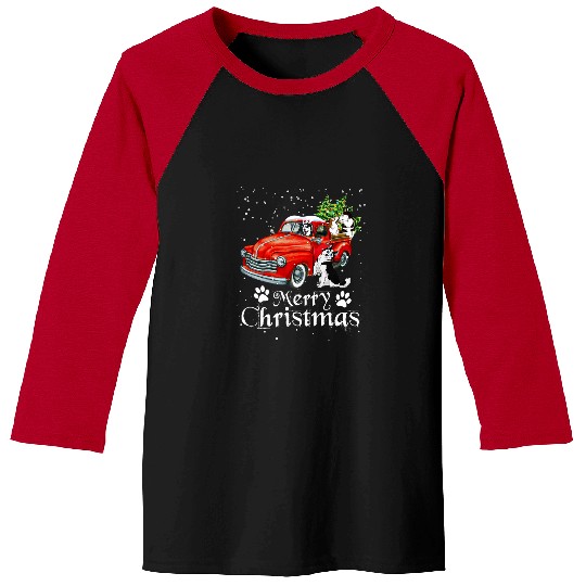 Dog Husky Red Truck Merry Christmas Tree Siberian Husky Dog Christmas Baseball Tees