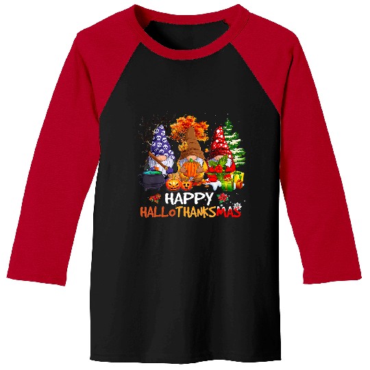 Gnome Happy Hallothanksmas Halloween Thanksgiving Christmas 2 Baseball Tees