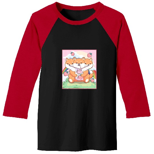 Dog Shiba Inu Kawaii Cerberus 3 Headed Dog Shiba Inu Strawberry Milk Baseball Tees