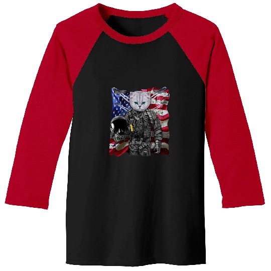 Fluffy White Cat Fighter Jet Pilot with Flag of USA 1 Baseball Tees