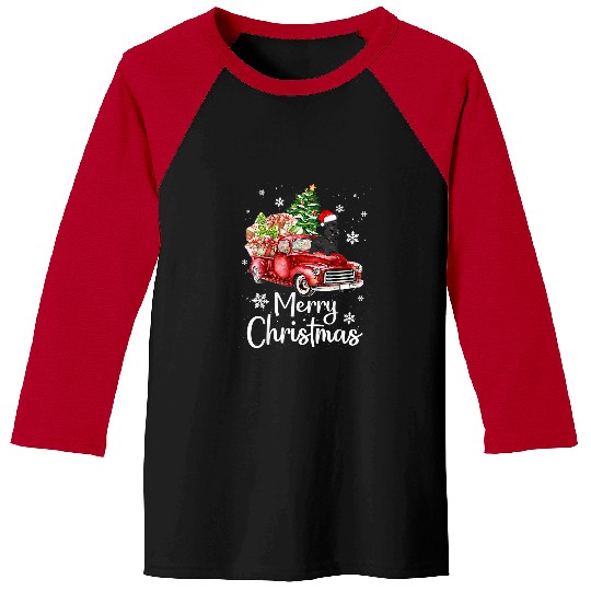 Dog Scottish Terrier Riding Red Truck xmass Merry Christmas Baseball Tees
