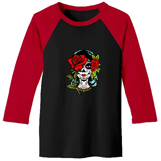 Skeletons Skulls La Catrina Santa Muerte Rose Sugar Skull Calavera Halloween 2 Skull Baseball Tees