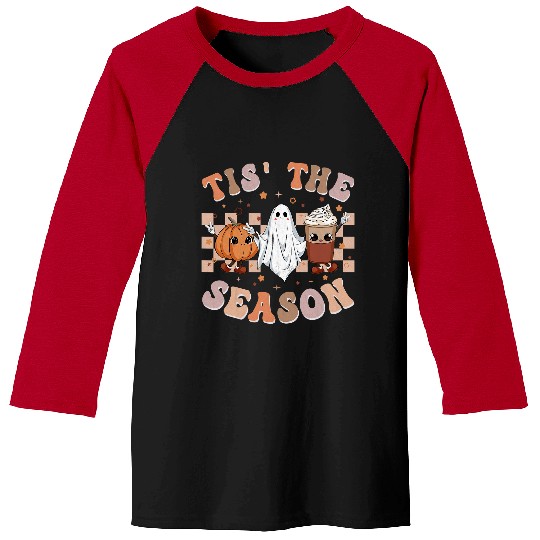 Retro Groovy Tis The Season Pumpkin ghosts Hippie Halloween 130 Baseball Tees