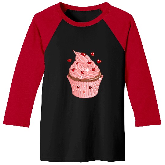 Cute Pink Cake Illustration Strawberry Cupcake With Hearts Baseball Tees