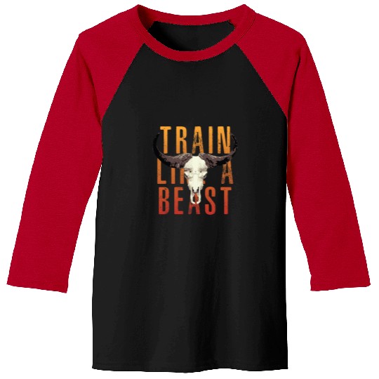 Skeletons Skulls Train like a Beast Muay Thai Jiu Jitsu MMA Gym Bull Skull 3 Skull Baseball Tees