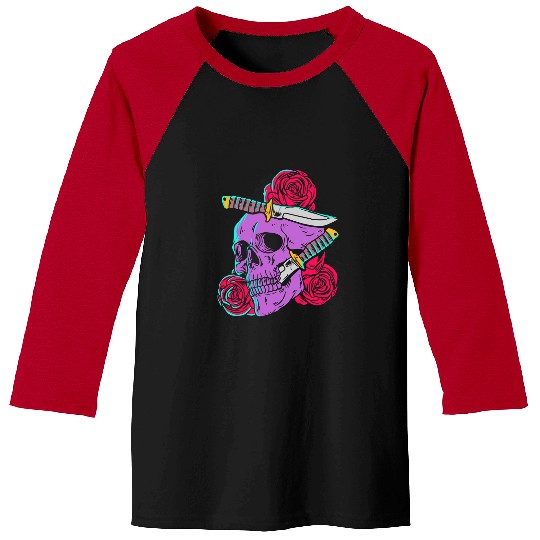 Skeletons Skulls Red Roses and Skull with knifes Gothic Calaveras Skeletons 701 Skull Baseball Tees