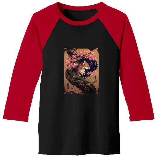 vintages Cherry Blossom Japanese Fox Scroll Graphical Art Baseball Tees