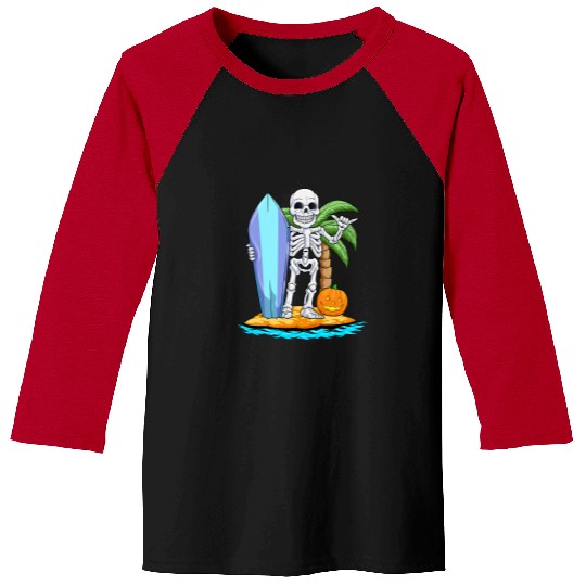 Skeletons Skulls Surfing Halloween Jack O Lantern Pumpkin Surfer Skull Baseball Tees
