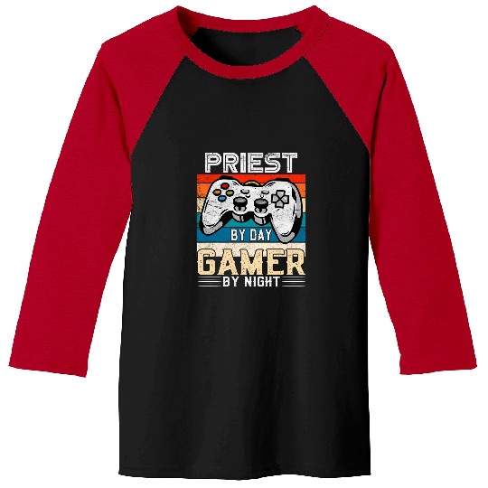 Priest by day gamer by night video gaming fans Retro Vintage Baseball Tees