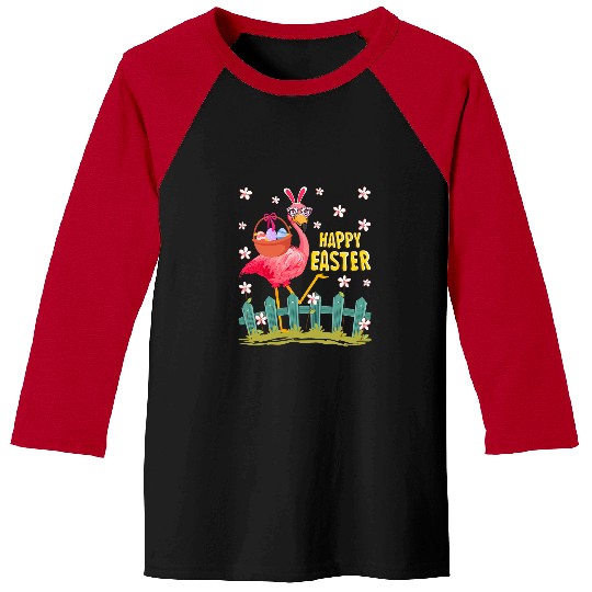 Floral Flamingo with Easter Egg Basket Happy Easter Day Baseball Tees