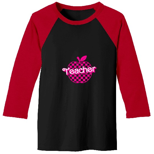 Teacher Pink Checkered Apple funny Retro for Teacher Baseball Tees