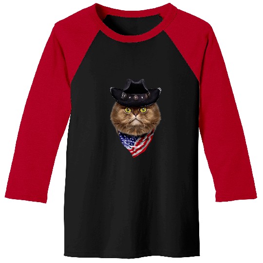 Fluffy Persian Cat in Cowboy Hat and Flag of USA Bandana Baseball Tees