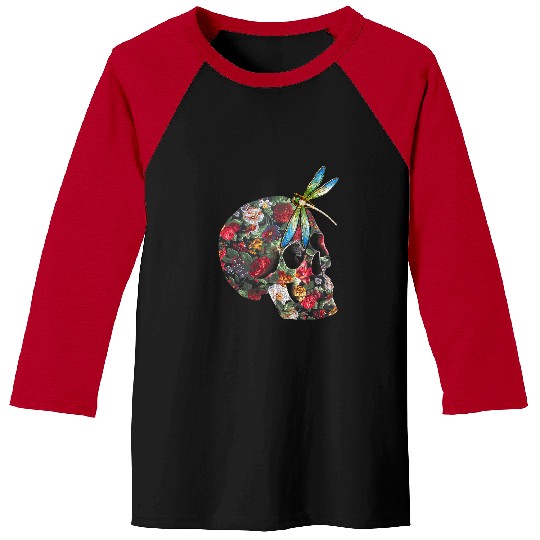 Skeletons Skulls Flowers Painting Dragonfly Floral Skull Lover Skull Baseball Tees