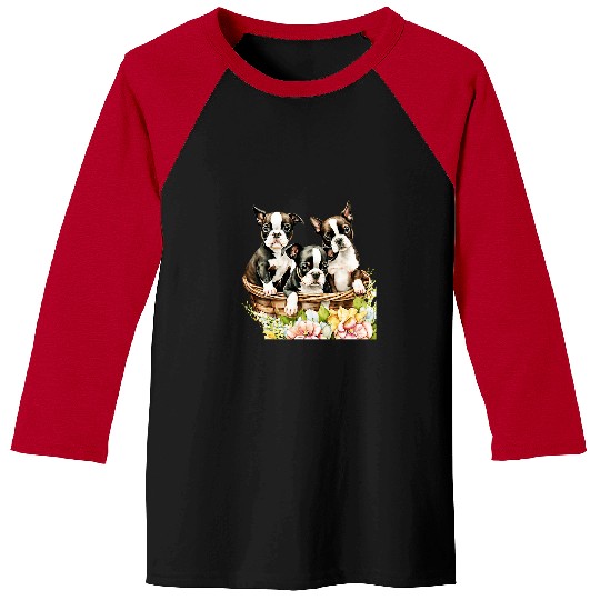 Boston Terrier Pet Puppies in Floral Wicker Basket Baseball Tees
